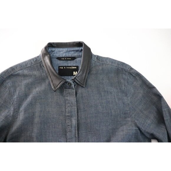 Rag & Bone Women's Medium Tinted Resin Classic Collar Chambray Shirt Leather Top - Picture 3 of 8